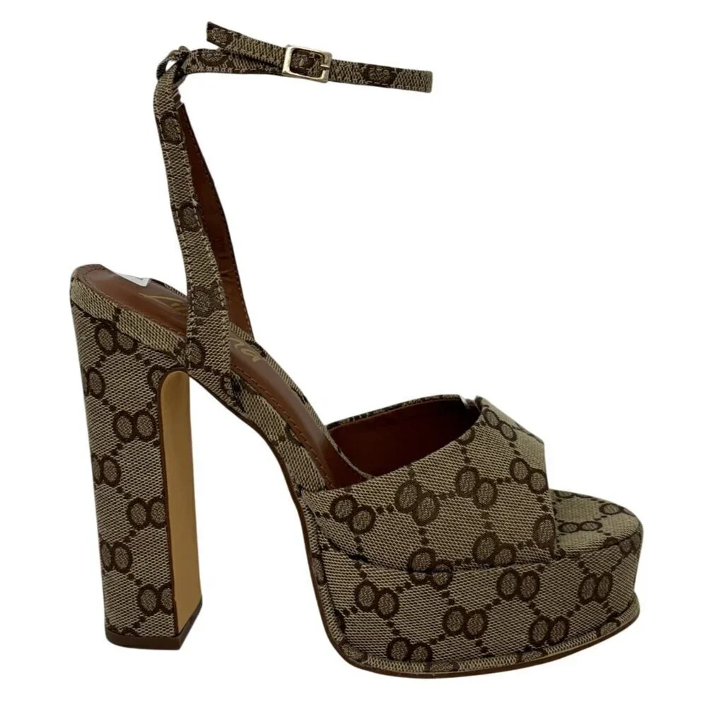 LILIANA / Josy-6 / Beige Monogram / Platform / Heels With Adjustable Ankle